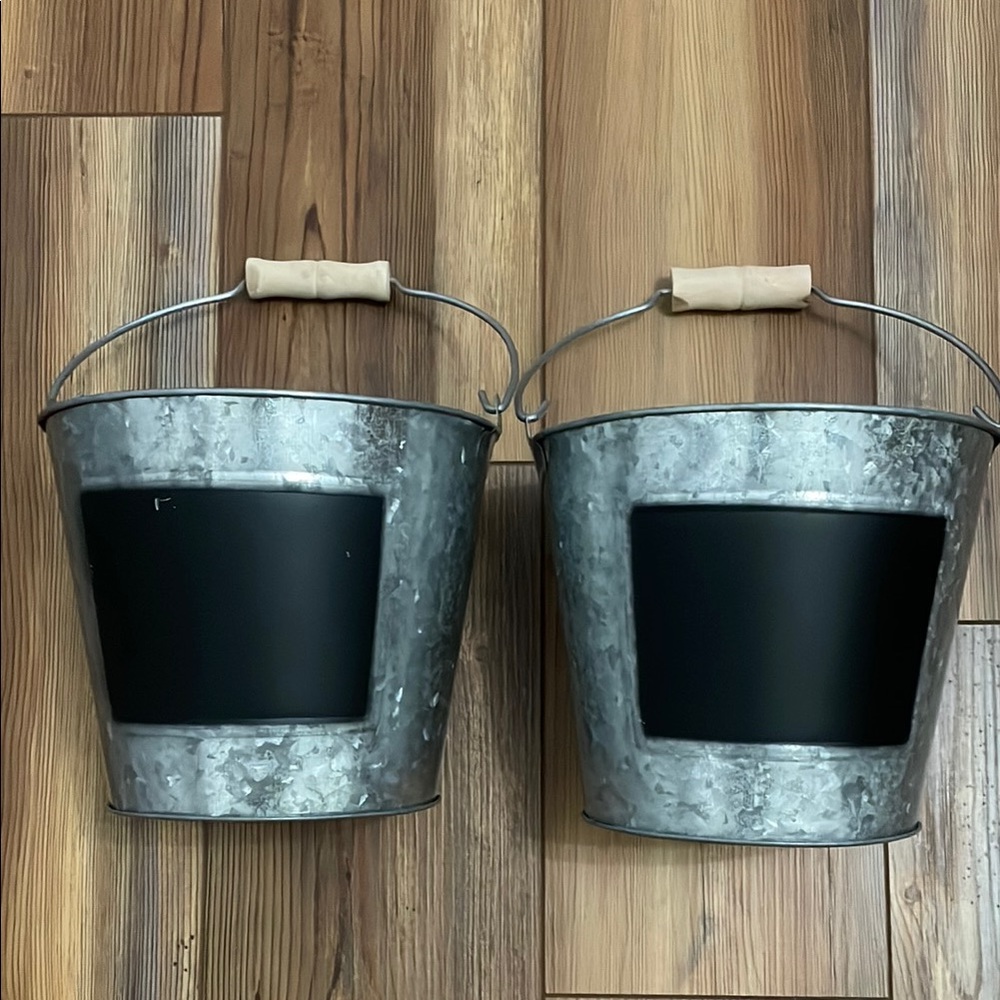 Set of Two Galvanized Metal Buckets with Chalkboard Panel